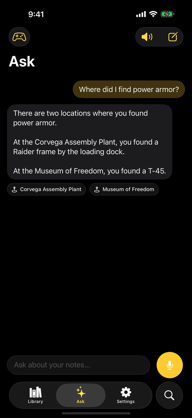 The Ask tab answering where power armor was found, with links to the source notes