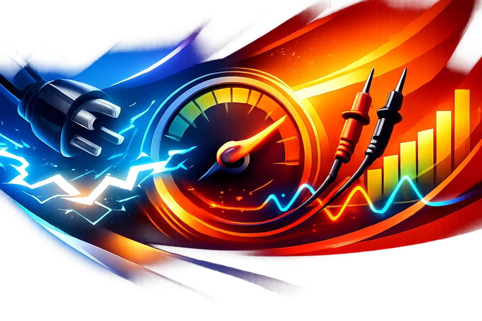 Illustration of measuring charging current with a power plug, speedometer, test probes, and performance chart