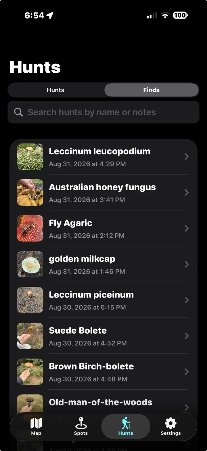 A list of logged finds with photos, names and timestamps