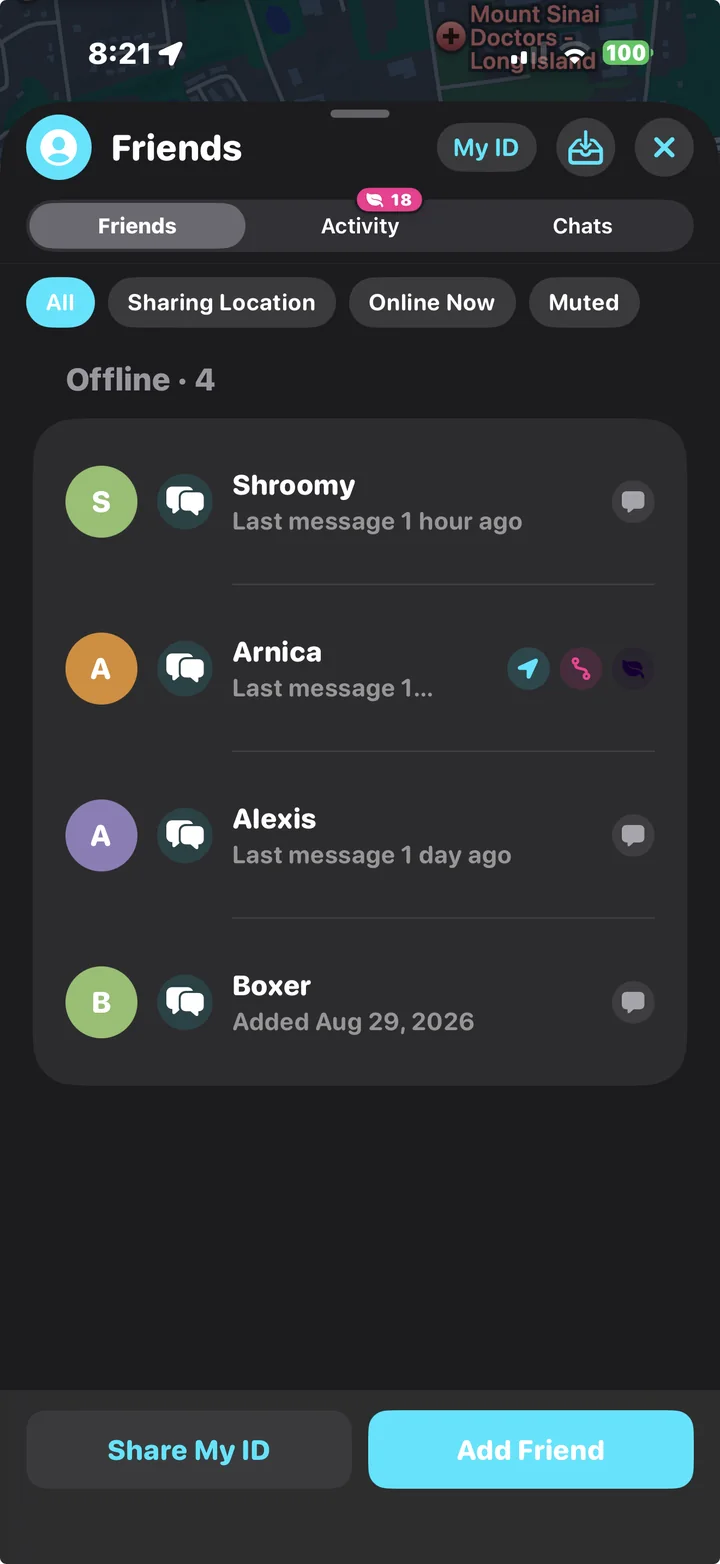 Friends list with location sharing and chat
