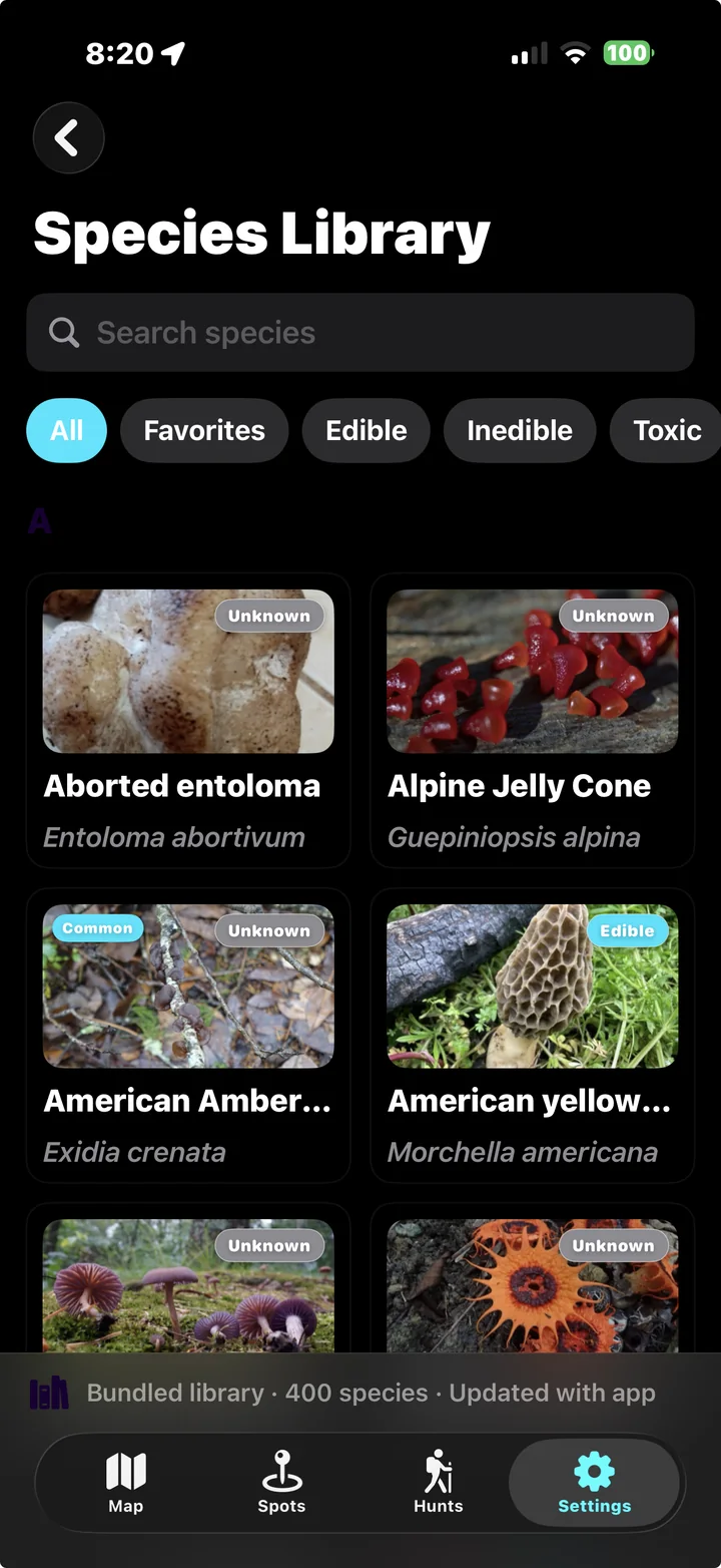 Species library with filters for favorites, edible, inedible and toxic